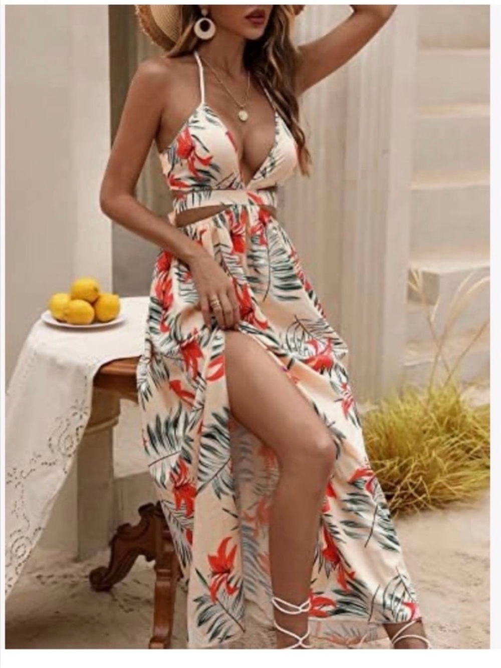 SHEIN Peach Maxi Dress with Coral & Green Tropical Print